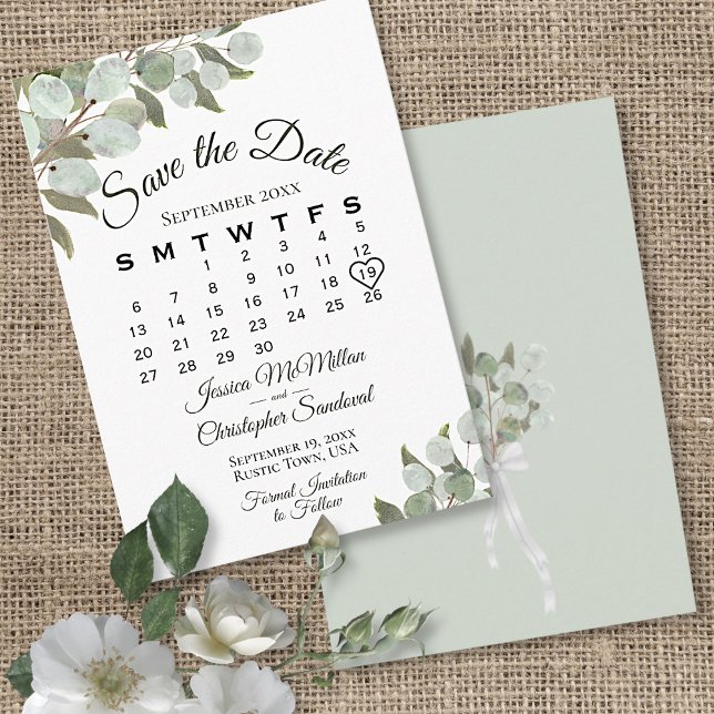Rustic Eucalyptus Greenery Calendar White Wedding Save The Date (Front and Back)