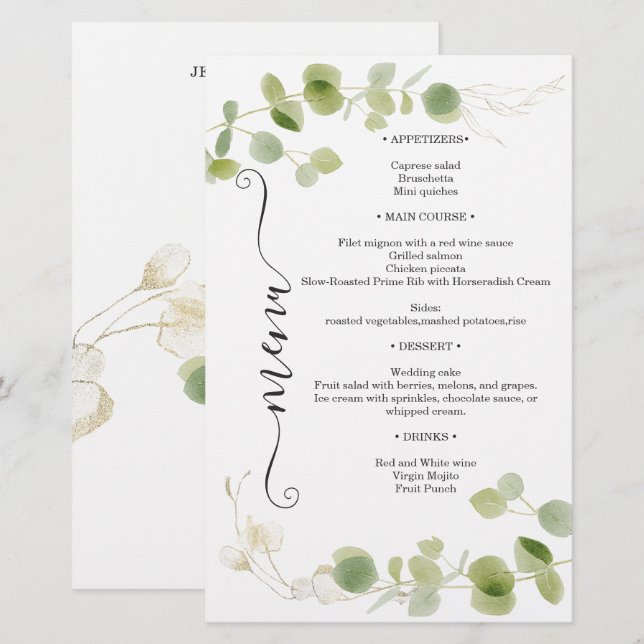 Rustic Eucalyptus Greenery Gold Chic Wedding Menu (Devant / Derrière)