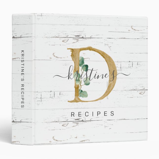 Rustic Eucalyptus Greenery Gold Monogram D Recipe Binder (Front/Spine)