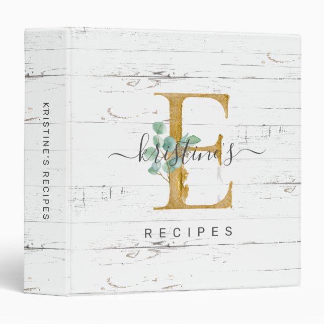Rustic Eucalyptus Greenery Gold Monogram E Recipe Binder (Front/Spine)