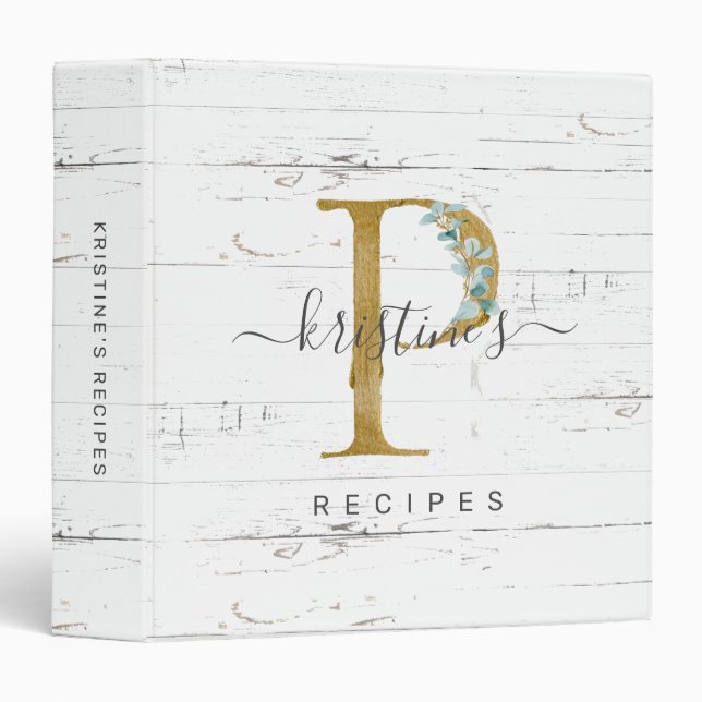 Rustic Eucalyptus Greenery Gold Monogram P Recipe Binder (Front/Spine)