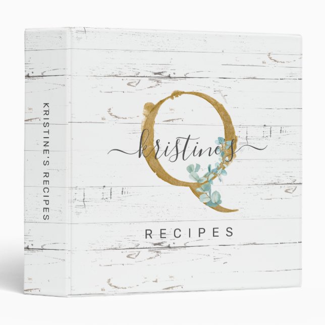 Rustic Eucalyptus Greenery Gold Monogram Q Recipe Binder (Front/Spine)