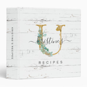 Rustic Eucalyptus Greenery Gold Monogram U Recipe Binder