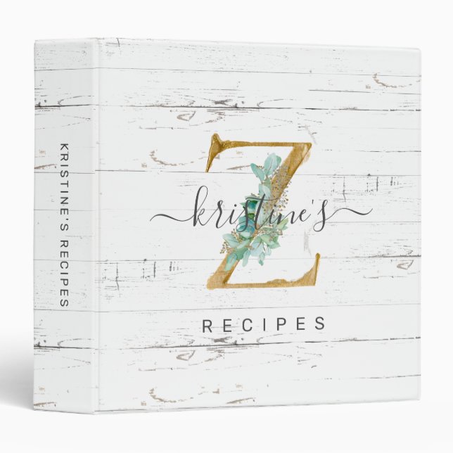 Rustic Eucalyptus Greenery Gold Monogram Z Recipe Binder (Front/Spine)
