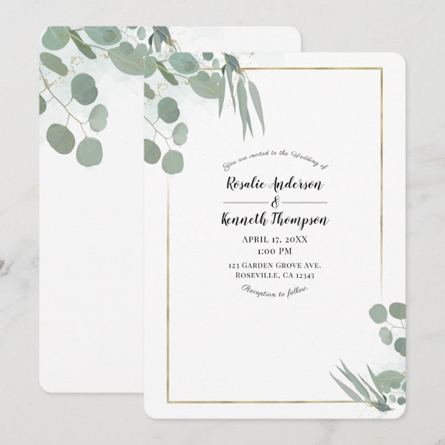 Rustic Eucalyptus Greenery & Gold Wedding Invitation (Front/Back)