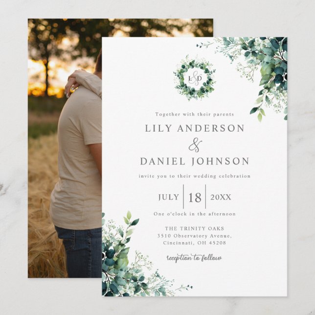 Rustic Eucalyptus Greenery Monogram Photo Wedding Invitation (Front/Back)