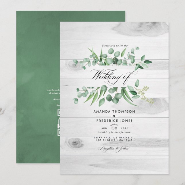 Rustic Eucalyptus Greenery QR Code Country Wedding Invitation (Front/Back)