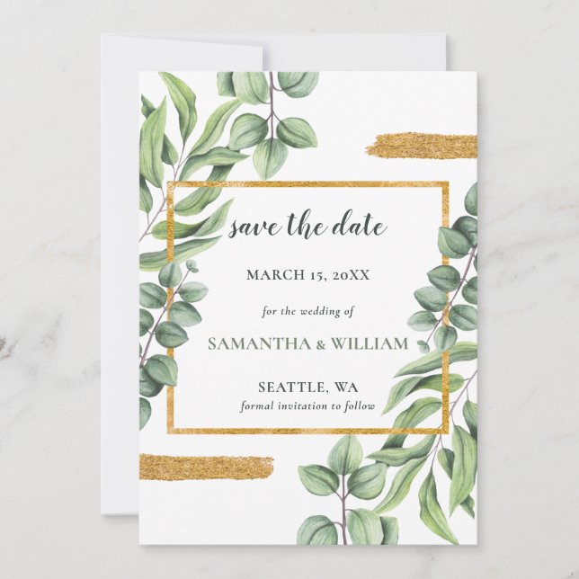 Rustic Eucalyptus Greenery Succulent Wedding Save The Date (Front)