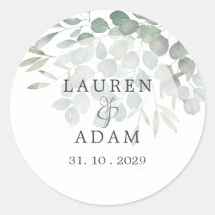 Rustic Eucalyptus Greenery Watercolor Wedding  Classic Round Sticker