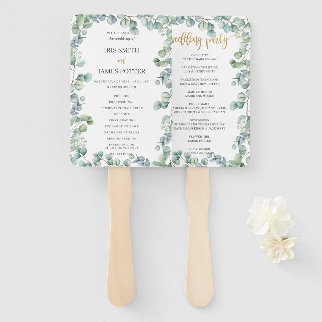 Rustic Eucalyptus Greenery Wedding Program Hand Fan (Front and Back)