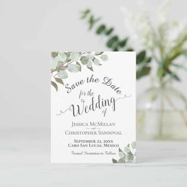 Rustic Eucalyptus & Greenery Wedding Save the Date Announcement Postcard (Standing Front)