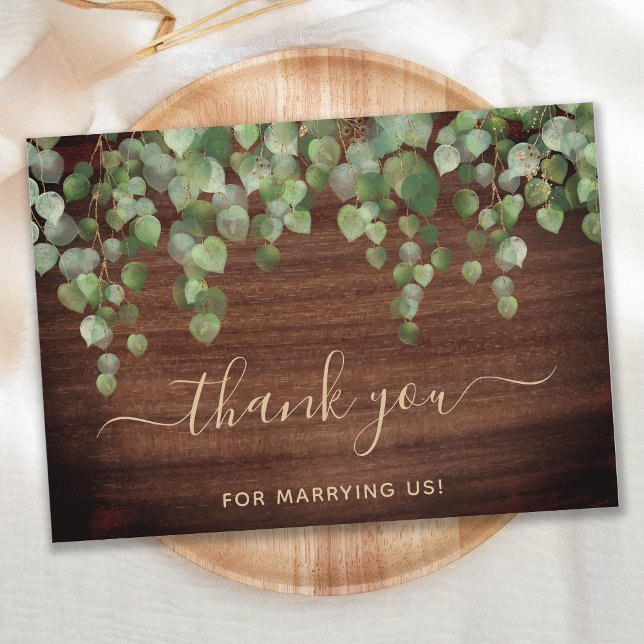 Rustic Eucalyptus Greenery Wood Wedding Officiant  Thank You Card (Creator Uploaded)