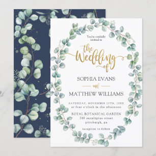 Rustic Eucalyptus Greenery Wreath Gold Wedding Invitation