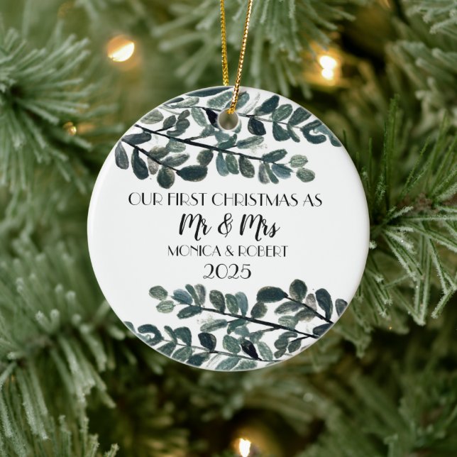 Rustic Eucalyptus Keepsake First Christmas  Ceramic Ornament (Tree)