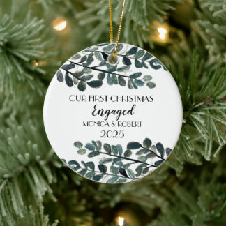 Rustic Eucalyptus Keepsake First Christmas Engaged Ceramic Ornament