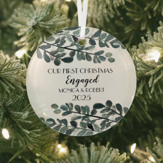Rustic Eucalyptus Keepsake First Christmas Engaged Glass Ornament