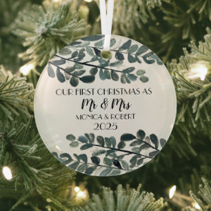 Rustic Eucalyptus Keepsake First Christmas Glass Ornament