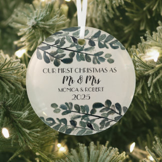Rustic Eucalyptus Keepsake First Christmas Glass Ornament