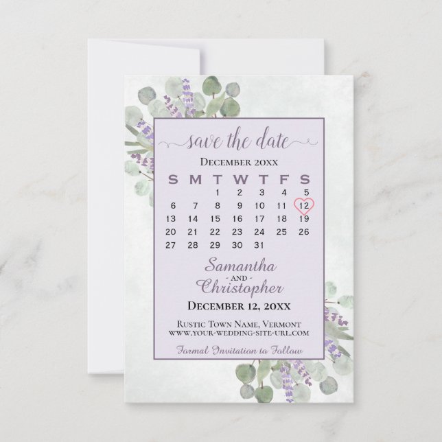 Rustic Eucalyptus Lavender Calendar Purple Wedding Save The Date (Front)