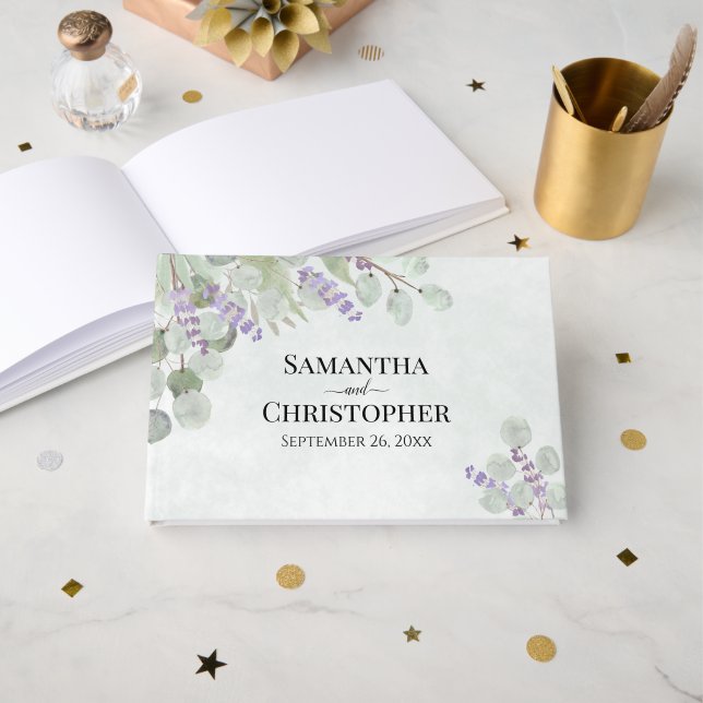 Rustic Eucalyptus & Lavender Elegant Boho Wedding Guest Book (Front Open)
