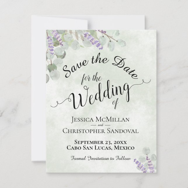 Rustic Eucalyptus & Lavender Elegant Sage Wedding Save The Date (Front)