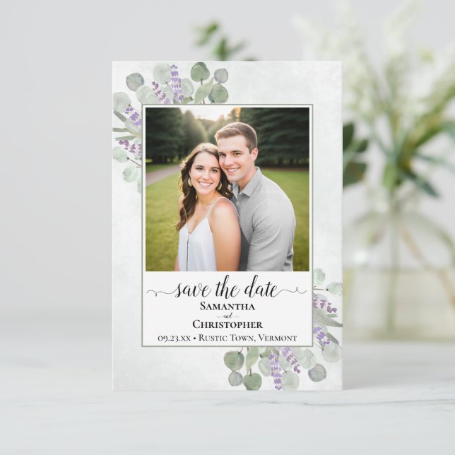 Rustic Eucalyptus & Lavender Photo Simple Wedding Save The Date (Standing Front)