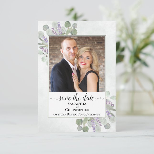 Rustic Eucalyptus & Lavender Photo Simple Wedding Save The Date (Standing Front)