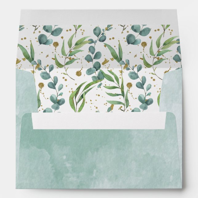 Rustic Eucalyptus Leaf Pattern Sage Green Wedding Envelope (Back (Bottom))