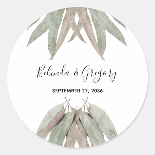 Rustic Eucalyptus Leaf Wedding  Classic Round Sticker (Front)