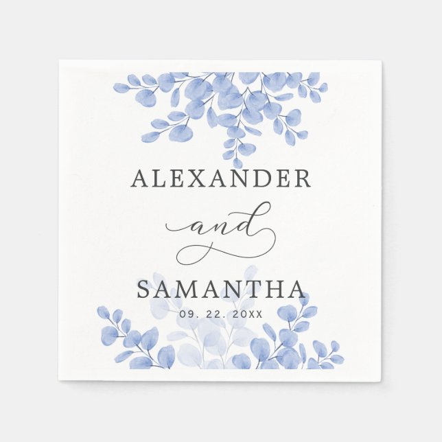 Rustic Eucalyptus Leaves Blue Botanical Wedding Napkin (Front)