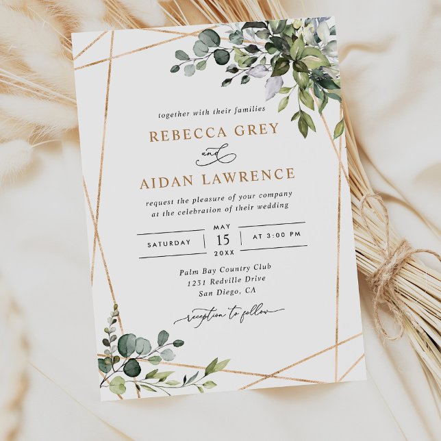 Rustic Eucalyptus Leaves Greenery Gold Wedding Invitation (Creator Uploaded)