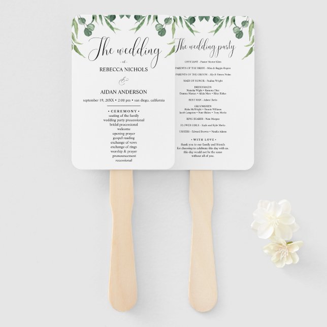 Rustic Eucalyptus Leaves wedding ceremony program Hand Fan (Front and Back)