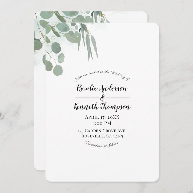 Rustic Eucalyptus Minimal Chic Greenery Wedding Invitation (Front/Back)