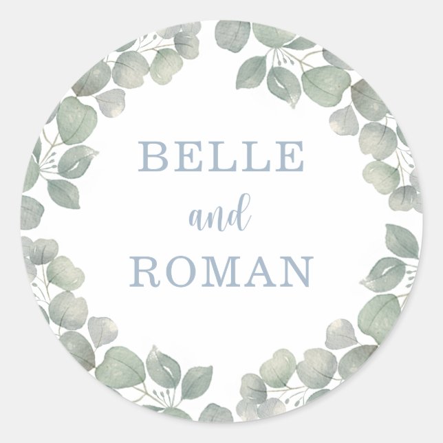 Rustic eucalyptus Monogram Wedding Classic Round Sticker (Front)
