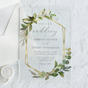 Rustic Eucalyptus Olive Gold Frame Wedding Acrylic Invitations