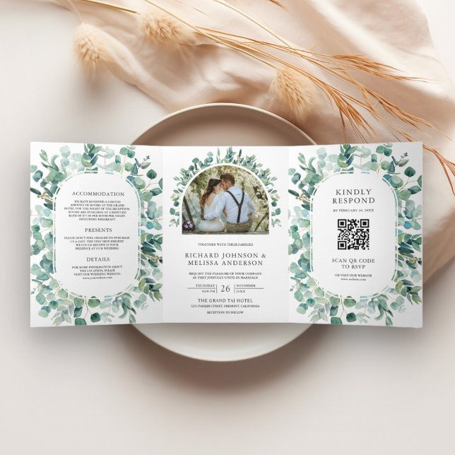 Rustic Eucalyptus Photo All in One QR Code Wedding Tri-Fold Invitation (Creator Uploaded)