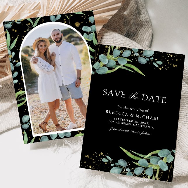 Rustic Eucalyptus Photo Black Wedding Save The Date (Creator Uploaded)