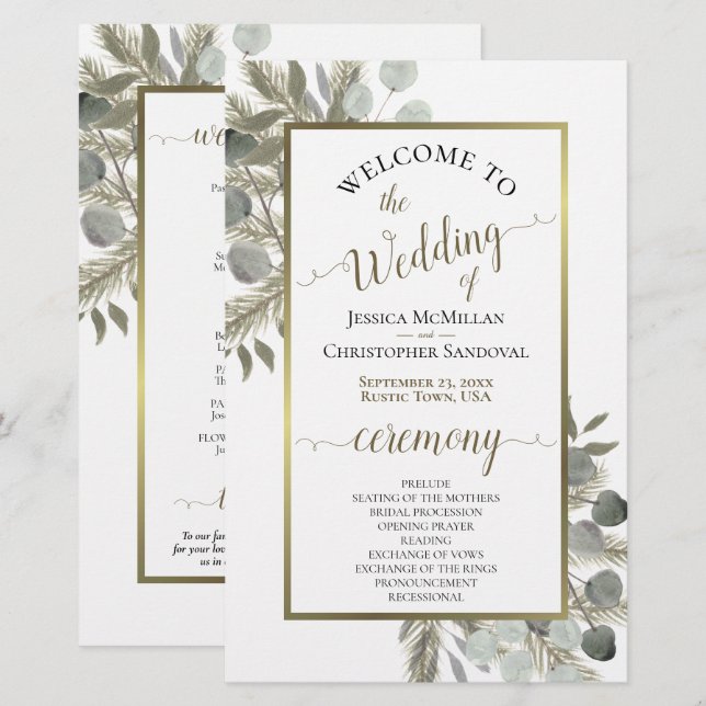 Rustic Eucalyptus & Pine Budget Wedding Program (Front/Back)