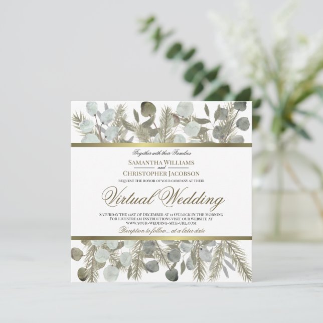 Rustic Eucalyptus & Pine Elegant Virtual Wedding Invitation (Standing Front)