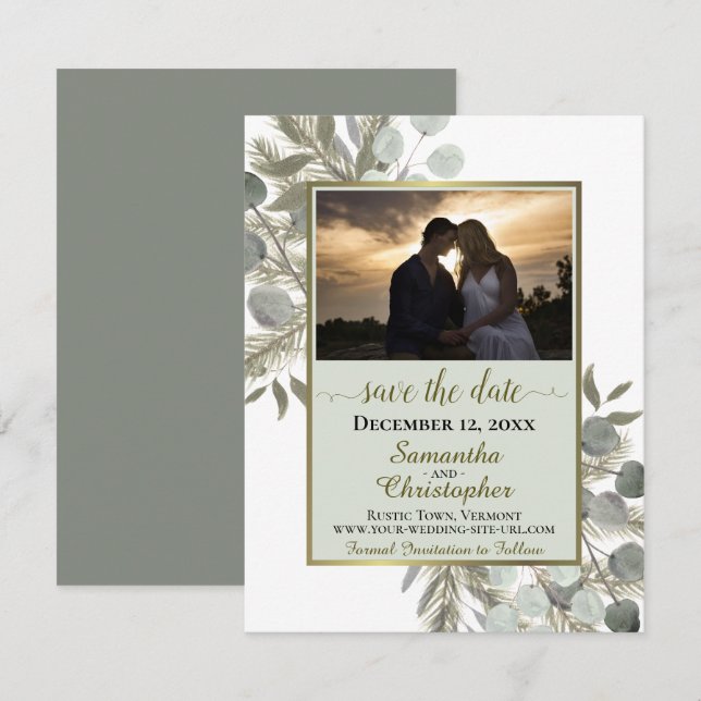Rustic Eucalyptus & Pine w/ Photo Sage Wedding Save The Date (Front/Back)