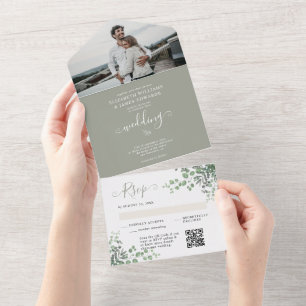 Rustic Eucalyptus QR Code RSVP Spring Wedding All In One Invitation