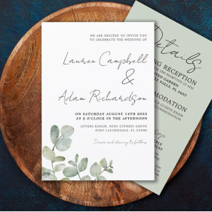 Rustic Eucalyptus Sage Green All In One Wedding  Invitation