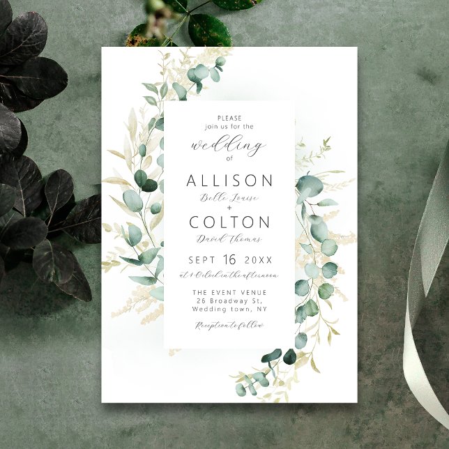 Rustic eucalyptus sage green boho wedding invitation (Creator Uploaded)