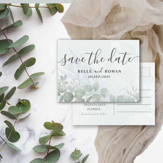 Rustic Eucalyptus Sage Green Save the Date  Postcard (Creator Uploaded)