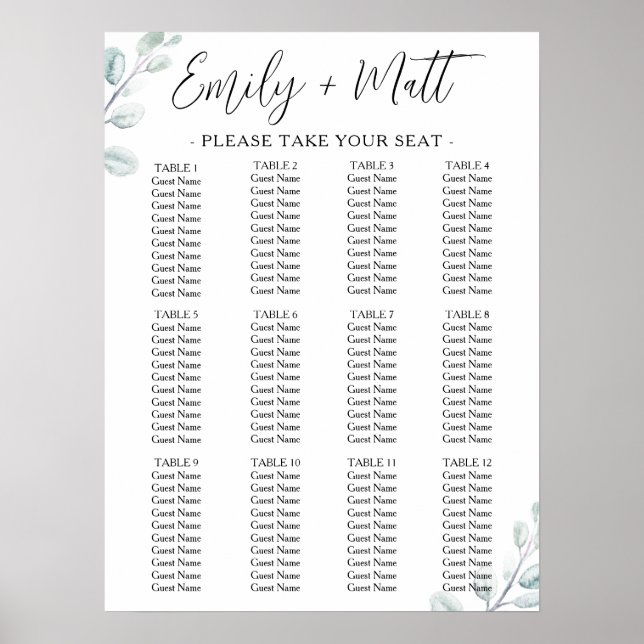 Rustic Eucalyptus Simple Wedding Seating Chart (Front)