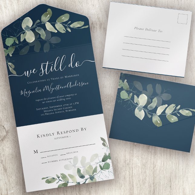 Rustic Eucalyptus Vow Renewal Navy Blue All In One Invitation (Creator Uploaded)