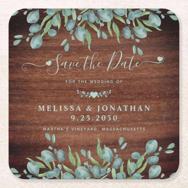  Rustic Eucalyptus Wood Wedding Save The Date Square Paper Coaster (Front)