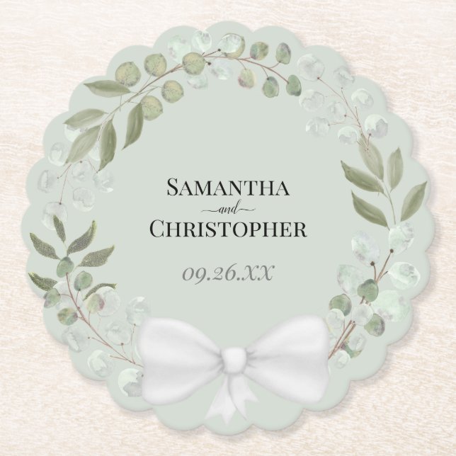 Rustic Eucalyptus Wreath Sage Green Wedding Paper  Paper Coaster (Front)