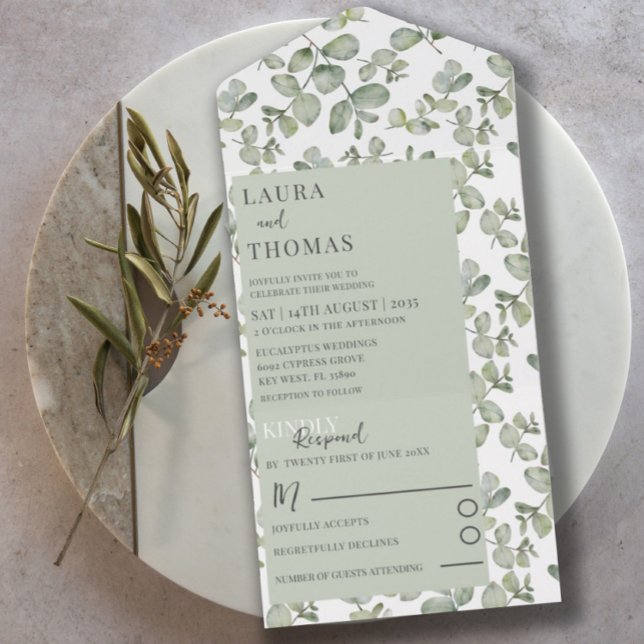 Rustic eucalyputus Sage Green Pattern Wedding All In One Invitation (Creator Uploaded)
