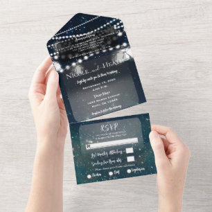Rustic Evening Sky Mason Jar Lights Wedding  All In One Invitation